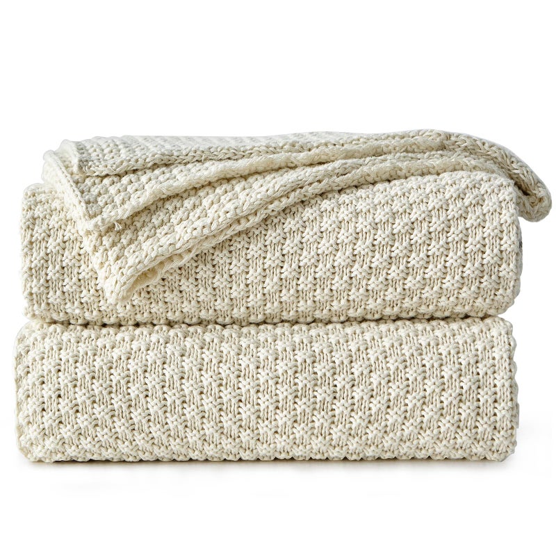 Longhui bedding Cream Knitted Throw Blanket for Couch Soft Cozy Machine Washable 100 Cotton Sofa Knit Blankets Heavy 30lb Weight 51 x 63 Inches Beige Color
