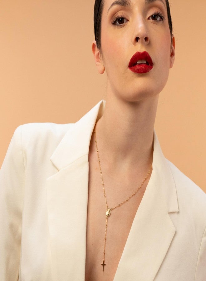 QUADRI قلادة مسبحة ذهبية QUADRI للنساء أو الرجال، 18 قيراط ذهب فوق فضة استرلينية، سلسلة العذراء مريم مع خرز، 19 بوصة، فضة إيطالية 925 - Image 4