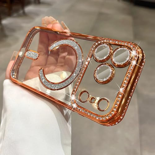 MIFENDUCT MINFEDUCT Glitter Diamond Magnetic Case for iPhone 17 Pro Max Clear Support Wireless Charging 17 Pro Max Case Women Girls Cute Bling Luxury Shiny Sparkle Shockproof Protective Cover 6.9", Orange - Image 2