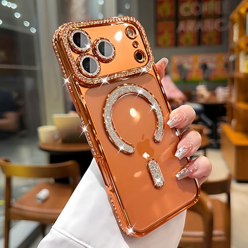 MIFENDUCT MINFEDUCT Glitter Diamond Magnetic Case for iPhone 17 Pro Max Clear Support Wireless Charging 17 Pro Max Case Women Girls Cute Bling Luxury Shiny Sparkle Shockproof Protective Cover 6.9", Orange - Image 1