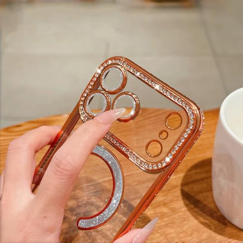 MIFENDUCT MINFEDUCT Glitter Diamond Magnetic Case for iPhone 17 Pro Max Clear Support Wireless Charging 17 Pro Max Case Women Girls Cute Bling Luxury Shiny Sparkle Shockproof Protective Cover 6.9", Orange - Image 4