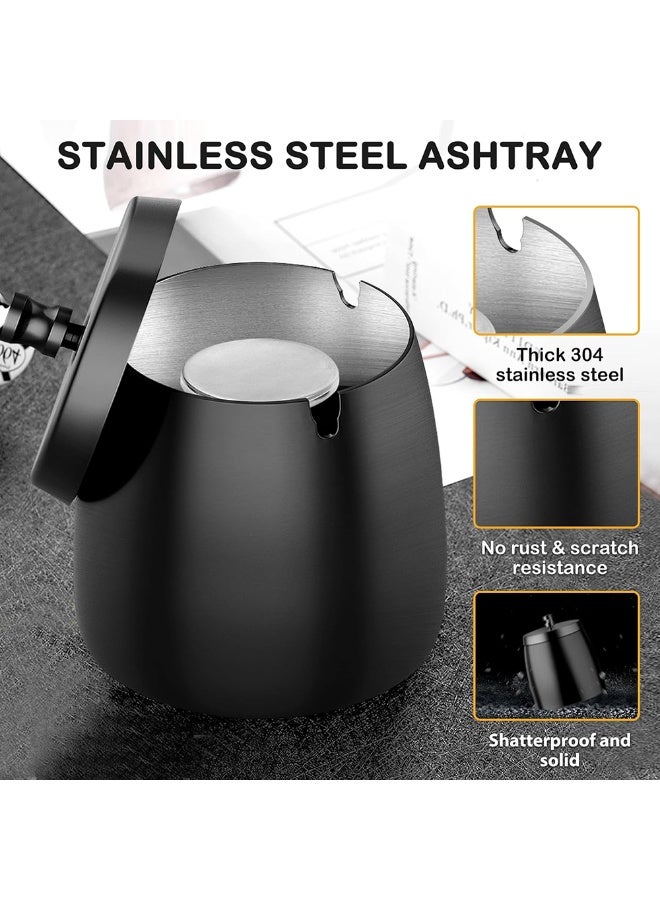 Stainless Steel Smoking Ash Tray with Lid for Cigarette and Cigars, Indoor Outdoor Ashtray for Patio Home Office Tabletop (Black) - Image 2
