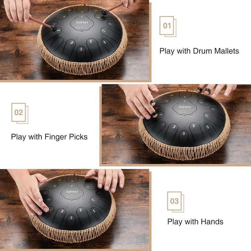 LEKATO Steel Tongue Drum 13 Inch 15 Notes, Steel Drum C Key Beginner/Professional Zen Drum Percussion for Meditation Yoga Musical Education, Best Gift for Mother - Image 3