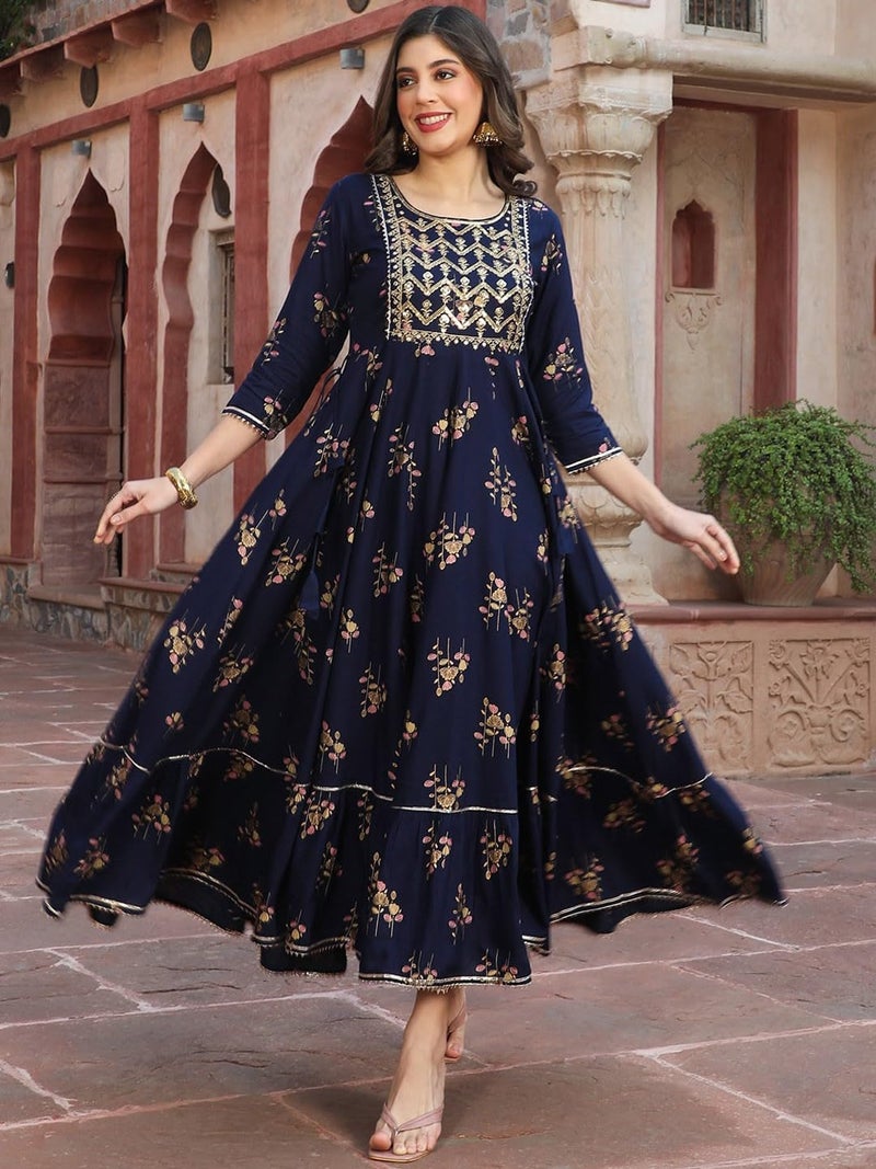 LAVANDIS Women Rayon Relaxed Fit Anarkali Long Gown Kurti with Gold Print & Embroidery - Ethnic Flared Dress Casual Wear, Large - Image 3