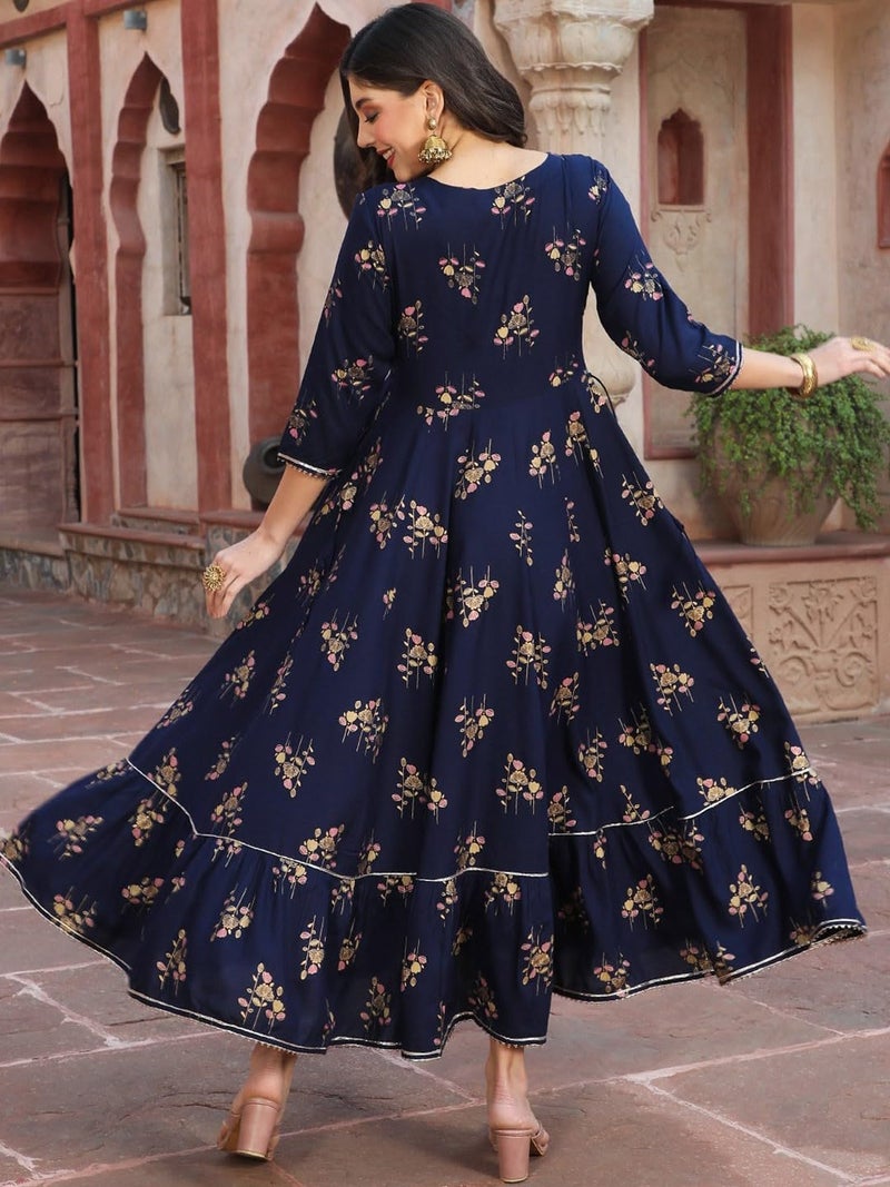 LAVANDIS Women Rayon Relaxed Fit Anarkali Long Gown Kurti with Gold Print & Embroidery - Ethnic Flared Dress Casual Wear, Large - Image 2