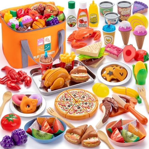 Juboury Pretend Play Food Set for Toddlers Cutting Toy Food with Storage Bag Stainless Steel Tray and Plates Food Toys with Veggies Fruits Dessert Pizza Toy Play Kitchen Accessories for Kids - Image 1