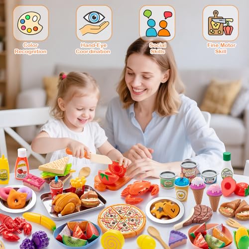Juboury Pretend Play Food Set for Toddlers Cutting Toy Food with Storage Bag Stainless Steel Tray and Plates Food Toys with Veggies Fruits Dessert Pizza Toy Play Kitchen Accessories for Kids - Image 5