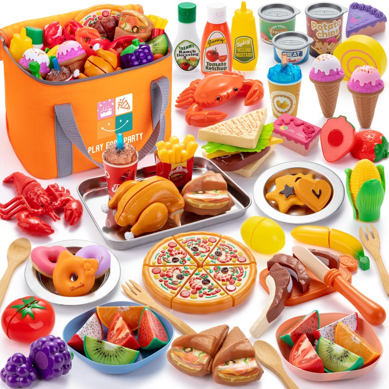 Juboury Pretend Play Food Set for Toddlers Cutting Toy Food with Storage Bag Stainless Steel Tray and Plates Food Toys with Veggies Fruits Dessert Pizza Toy Play Kitchen Accessories for Kids - Image 3