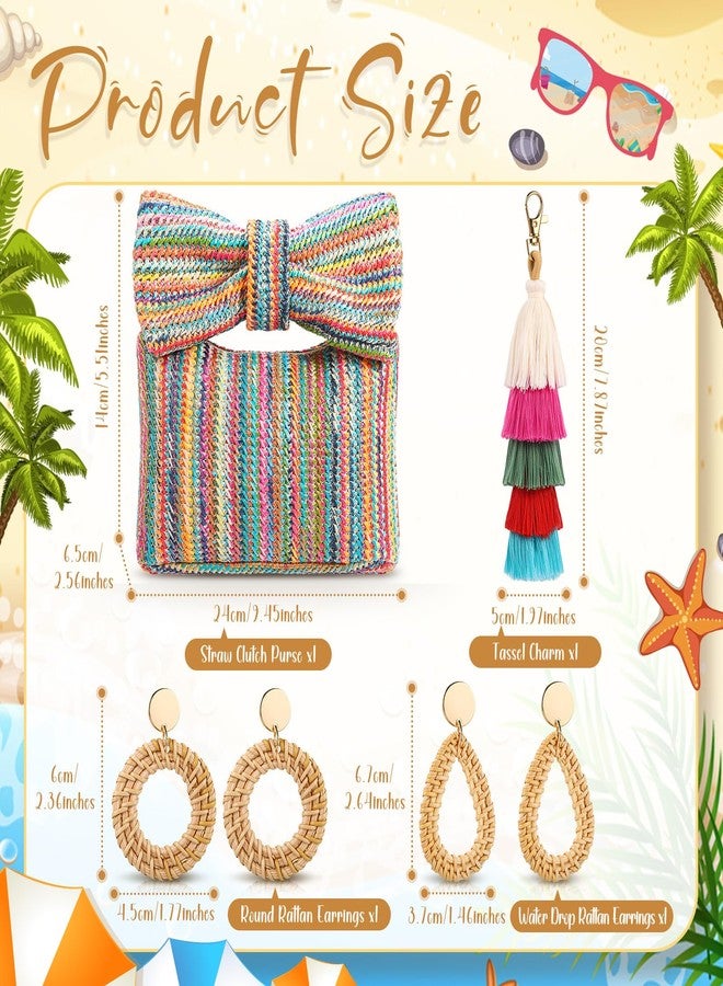 Abbylike 4 Pcs Bow Straw Clutch Purses Sets for Women Summer Handbags with Charm and 2 Boho Earrings for Travel(Colorful) - Image 3