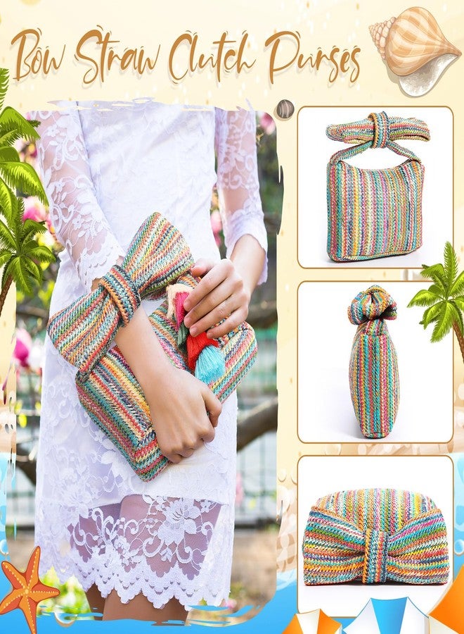 Abbylike 4 Pcs Bow Straw Clutch Purses Sets for Women Summer Handbags with Charm and 2 Boho Earrings for Travel(Colorful) - Image 4