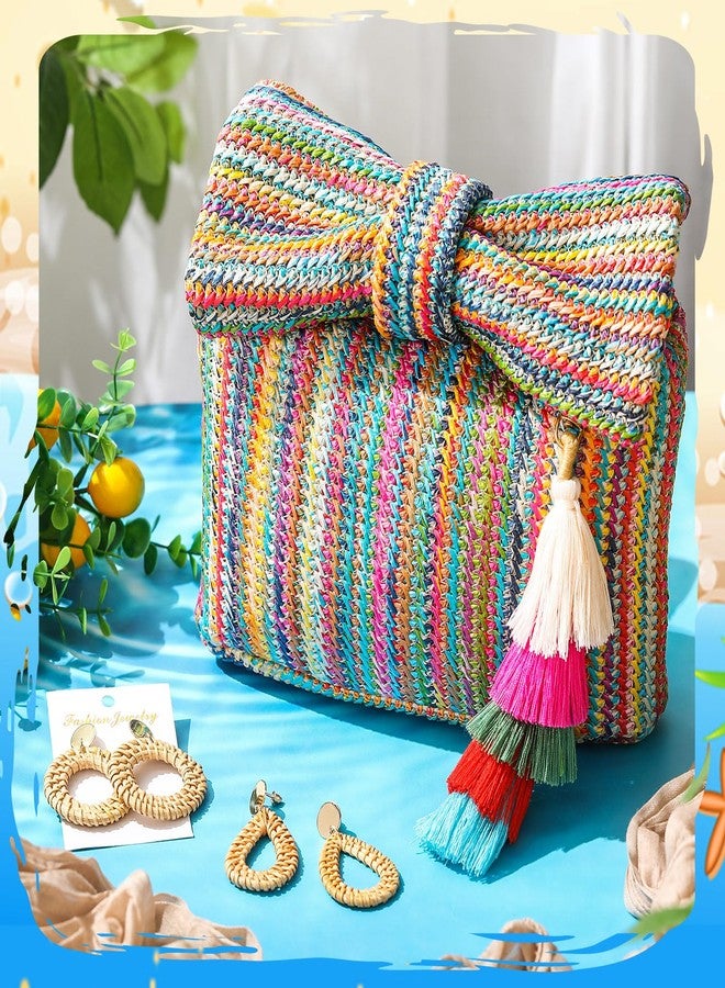 Abbylike 4 Pcs Bow Straw Clutch Purses Sets for Women Summer Handbags with Charm and 2 Boho Earrings for Travel(Colorful) - Image 2
