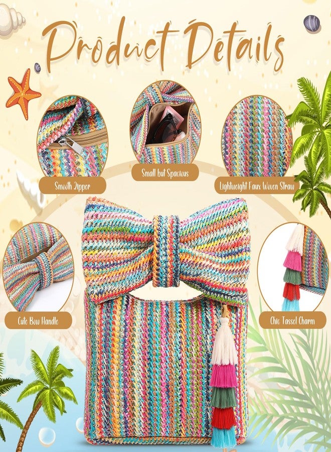 Abbylike 4 Pcs Bow Straw Clutch Purses Sets for Women Summer Handbags with Charm and 2 Boho Earrings for Travel(Colorful) - Image 5