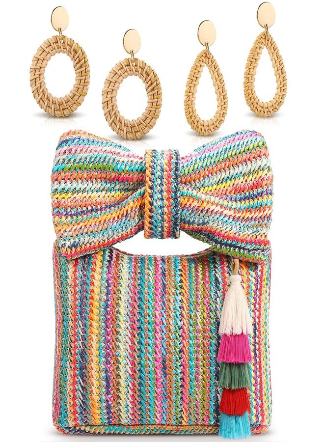 Abbylike 4 Pcs Bow Straw Clutch Purses Sets for Women Summer Handbags with Charm and 2 Boho Earrings for Travel(Colorful) - Image 1