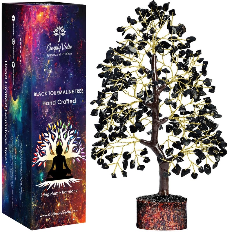 Simply Vedic Chakra Black Agate Crystal Tree For Positive Energy Good Luck Natural Healing Gemstones Moneytree Feng Shui Spiritual Gift Home Decor Handmade By Traditional Artist 28 Cm - Image 1