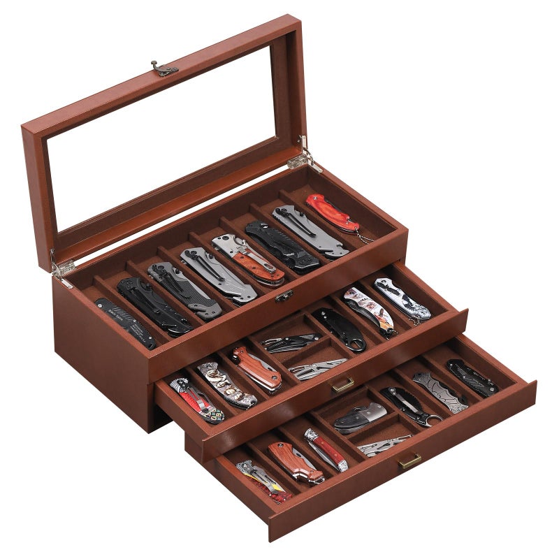 AUTOARK 3-Tier PU Leather & Velvet Knife Organizer with 26 Slots,Transparent Glass Top & Drawer,Compact Storage for Pocket Knives,Ideal for Men's Collections & Gifts,Coffee,MKAW013 - Image 1