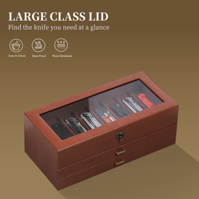 AUTOARK 3-Tier PU Leather & Velvet Knife Organizer with 26 Slots,Transparent Glass Top & Drawer,Compact Storage for Pocket Knives,Ideal for Men's Collections & Gifts,Coffee,MKAW013 - Image 5