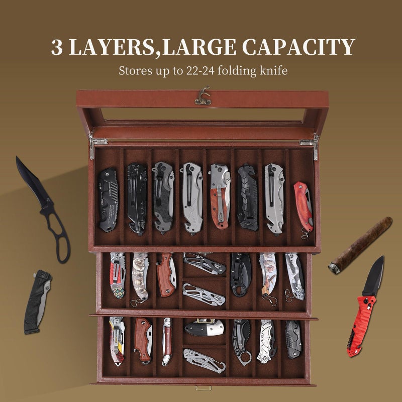 AUTOARK 3-Tier PU Leather & Velvet Knife Organizer with 26 Slots,Transparent Glass Top & Drawer,Compact Storage for Pocket Knives,Ideal for Men's Collections & Gifts,Coffee,MKAW013 - Image 4