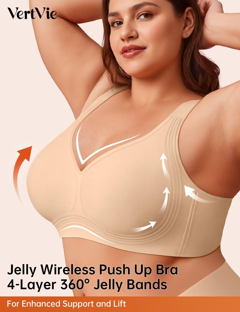 Vertvie Jelly Bras for Women Plus Size Minimizer Soft Wireless Push Up Bra Full Supportive Older Lift Back Coverage Bralette(Skin,44C) - Image 2