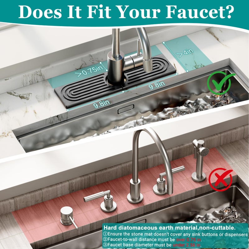 MAGKOTA Stone Faucet Mat for Kitchen Sink - Quick Dry Diatomite Sink Splash Guard, Prevents Moisture Buildup & Water Stains, Water Absorbing Stone Tray for Bathroom Countertop (Dark Gray, 20" x 4") - Image 2