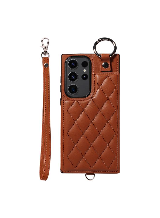 Samsung Galaxy S23 Ultra 5G Rhombic Texture Card Bag Phone Case with Short Lanyard