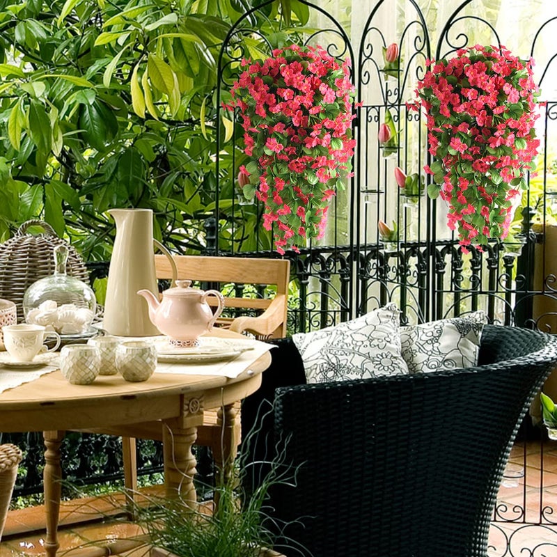 ZFProcess Artificial Fake Hanging Flowers Plants for Outdoor Spring Summer Decoration, 2PCS Faux Silk Violet UV Resistant Look Real Trailing Vines for Outside Home Planter Porch Patio(Rose red) - Image 4