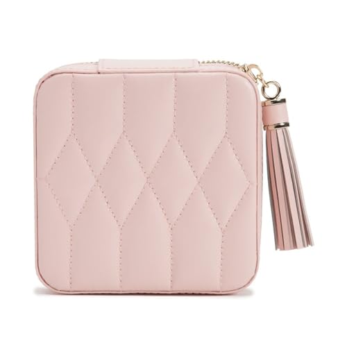 Wolf Designs WOLF Caroline Zip Travel Case, Rose Quartz - Seven Ring Rolls, Four Compartments, Three Necklace Hooks & Pocket - Anti-Tarnish LusterLoc Lining - Image 1
