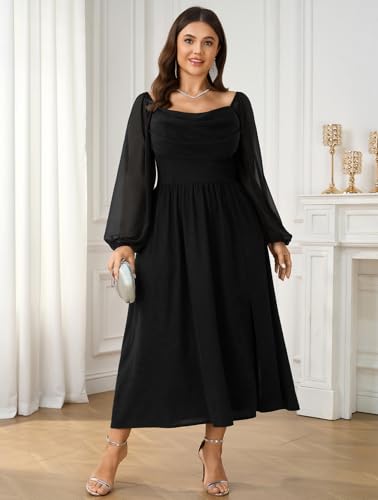 SHESTARR Women's Plus Size Dress Chiffon Long Sleeve Cowl Neck Wedding Guest Cocktail Party Maxi Dress Black - Image 5
