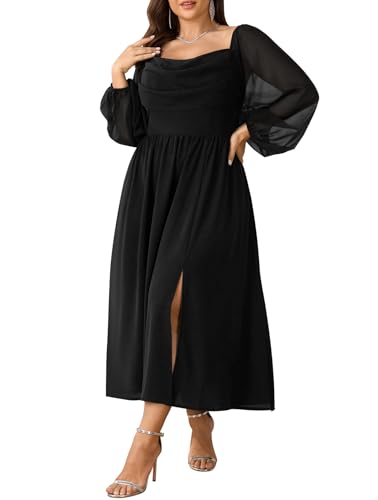 SHESTARR Women's Plus Size Dress Chiffon Long Sleeve Cowl Neck Wedding Guest Cocktail Party Maxi Dress Black - Image 1