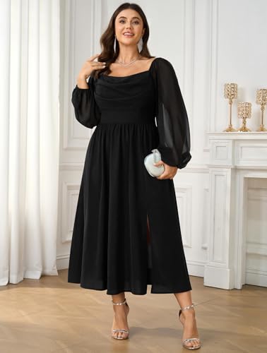 SHESTARR Women's Plus Size Dress Chiffon Long Sleeve Cowl Neck Wedding Guest Cocktail Party Maxi Dress Black - Image 2