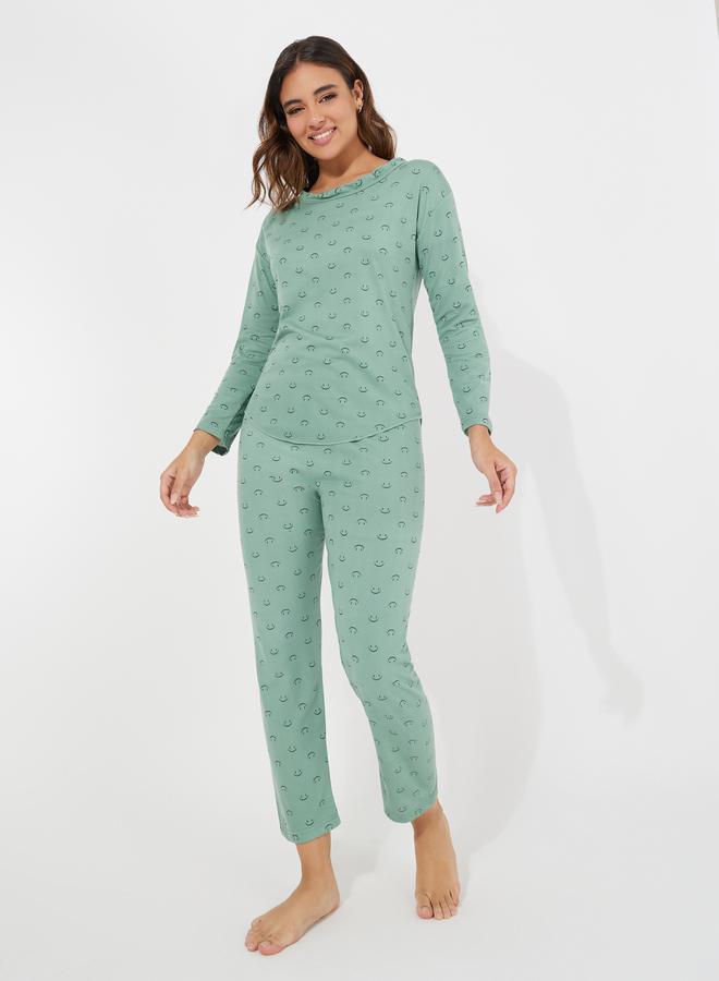 Take Two Smile Print Curved Hem Top & Pyjama Set  - Image 1
