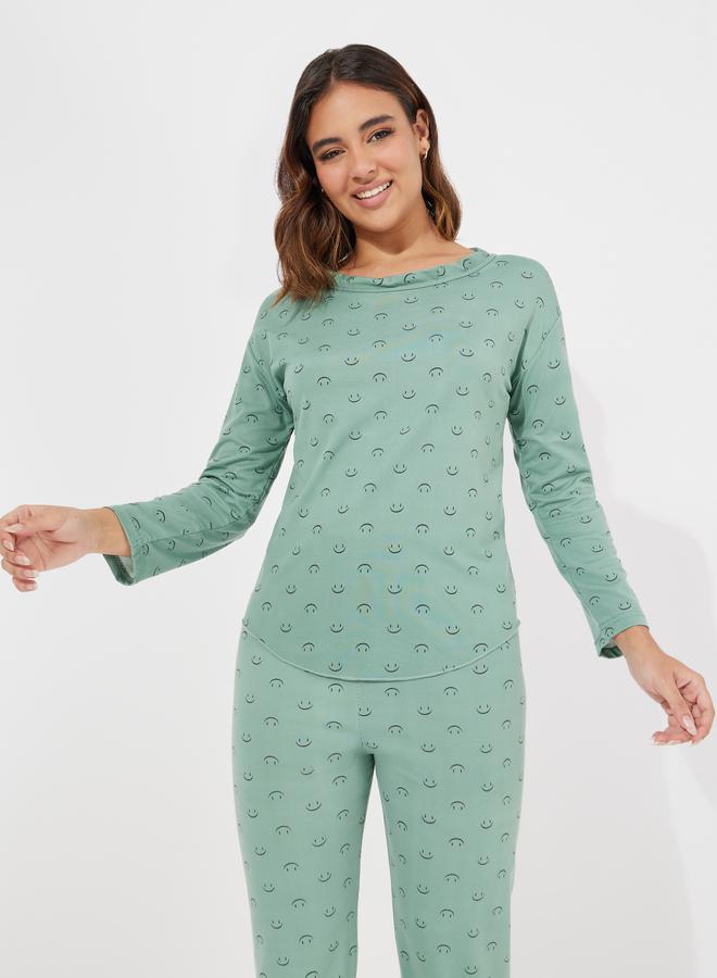 Take Two Smile Print Curved Hem Top & Pyjama Set  - Image 2