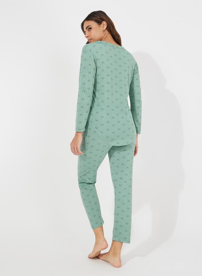 Take Two Smile Print Curved Hem Top & Pyjama Set  - Image 4