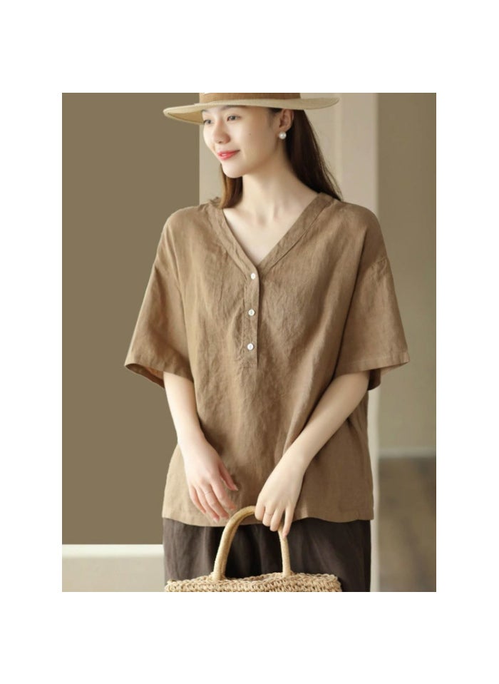 Generic Artistic Cotton Linen V-Neck Short Sleeve T-Shirt 2024 Summer New Womens Casual Loose-Fit Slimming Pullover Versatile T-Shirt Brown  - Image 2