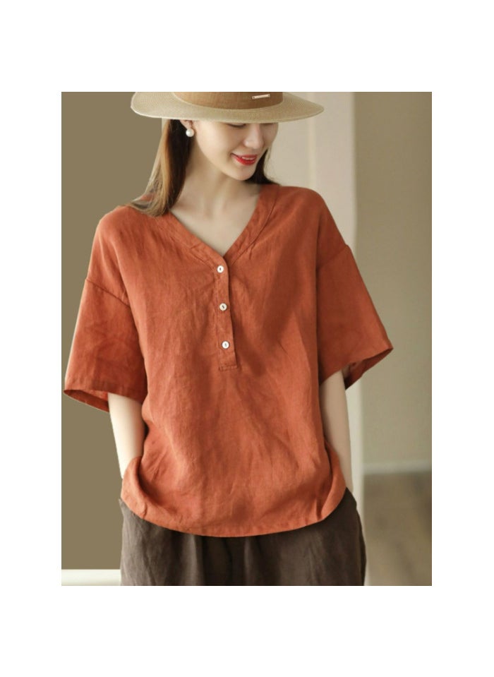 Generic Artistic Cotton Linen V-Neck Short Sleeve T-Shirt 2024 Summer New Womens Casual Loose-Fit Slimming Pullover Versatile T-Shirt Brown  - Image 1