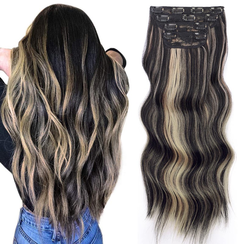 Vigorous Clip in Hair Extensions 20 Inch Black Mix Blonde Long Hair Extensions Clip Ins 4PCS Soft Synthetic Hairpieces for Women - Image 1