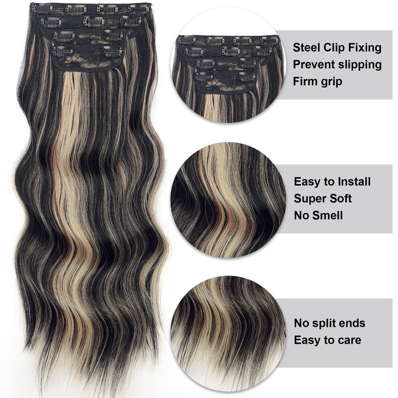 Vigorous Clip in Hair Extensions 20 Inch Black Mix Blonde Long Hair Extensions Clip Ins 4PCS Soft Synthetic Hairpieces for Women - Image 2