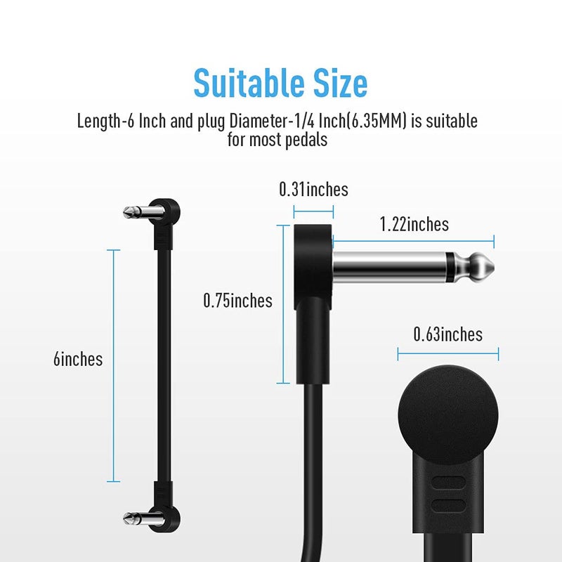 SONICAKE 6 Inch Patch Cable for Guitar Effect Pedal Cables 6 Pack, 1/4" TS Right Angle Instrument Cables, Black - Image 2