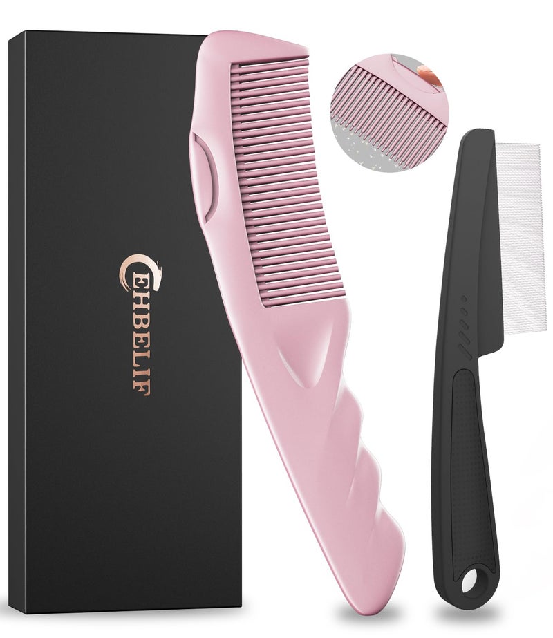 EHBELIF Dandruff Comb 2PC Upgraded Fine Tooth Scalp Detox Comb Lice for Women, Men & Kids Scalp Detoxing, Sweep & Massage Hair Brush Tool with Elegant Box for Hair Care (Pink) - Image 1