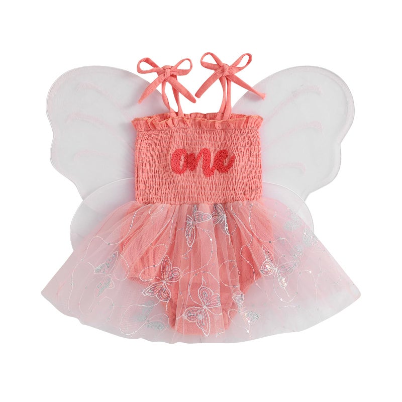 Dcohmch Fairy 1st Birthday Girl Outfit Tieup Tull Romper Dress with Butterfly Wings Cake Smash Photo Shoot Clothes Pink 612 Months - Image 2