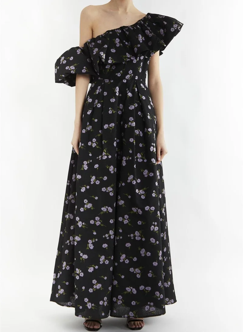 True Decadence Blake Black-Lilac Brocade Puff One Shoulder Maxi-Dress