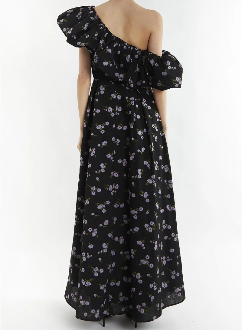 True Decadence Blake Black-Lilac Brocade Puff One Shoulder Maxi-Dress