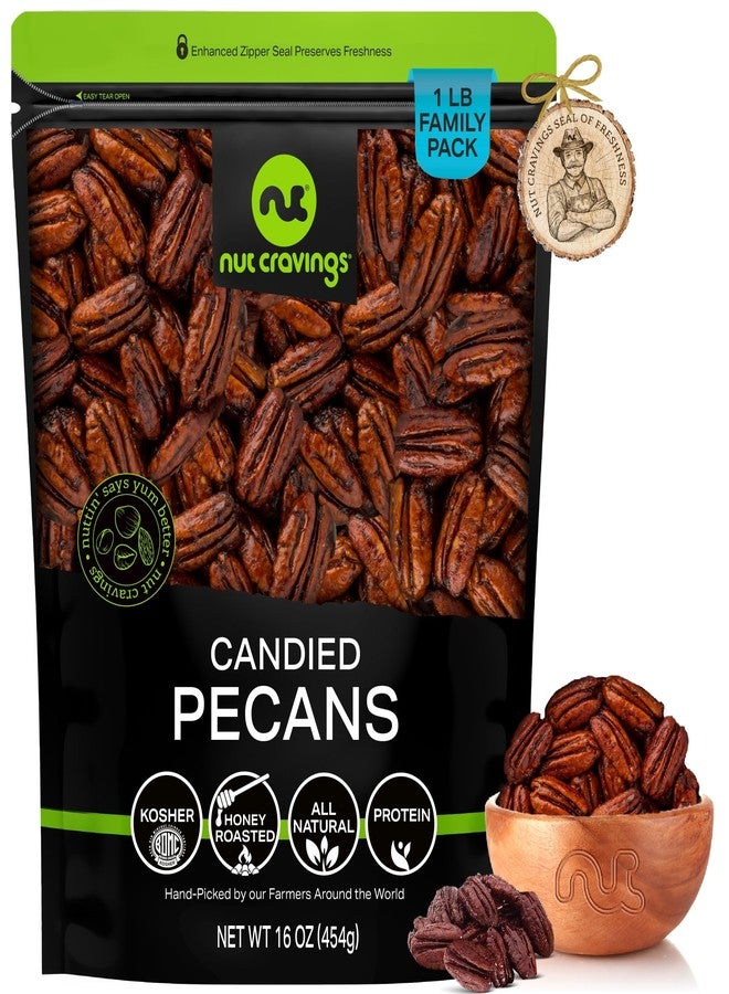 NUT CRAVINGS - Candied Pecans Honey Glazed Praline, No Shell (16oz - 1 LB) Packed Fresh in Resealable Bag - Healthy Protein Food Snack, Food Assortments - Image 1