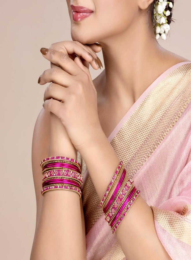 Peora Gold Plated Rani Pink Metal Chura Chuda Bangle Set for Women Girls Wedding Bridal Indian Traditional Ethnic Jewellery (Size - 2.6) - Image 3