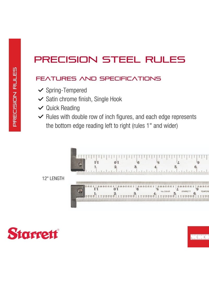 Starrett Starrett Spring Tempered Steel Rule with Satin Chrome Finish Quick Reading and Inch Graduations  12 Length 4R Graduation Type 364 Thickness  CH604R12  - Image 2