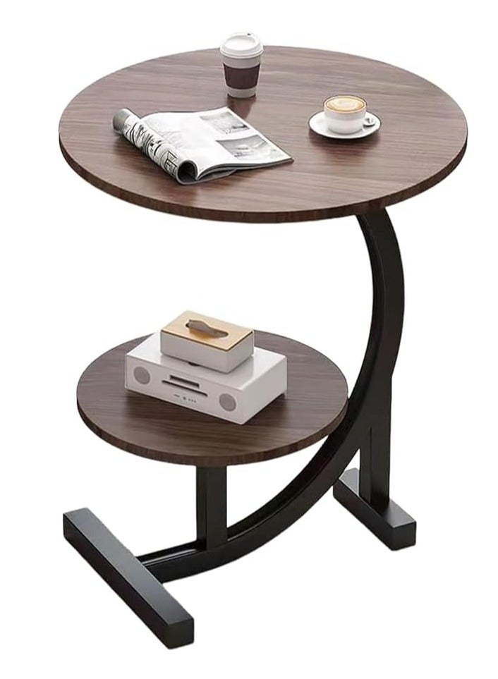 CAMELMALL Industrial Brown C Shaped Side Table 2 Tier Round End Table with Storage Shelf Metal Frame Slides Under Couch 60 cm Clearance Space Saving 40 cm Top Diameter 30 cm Bottom Diameter - Image 1
