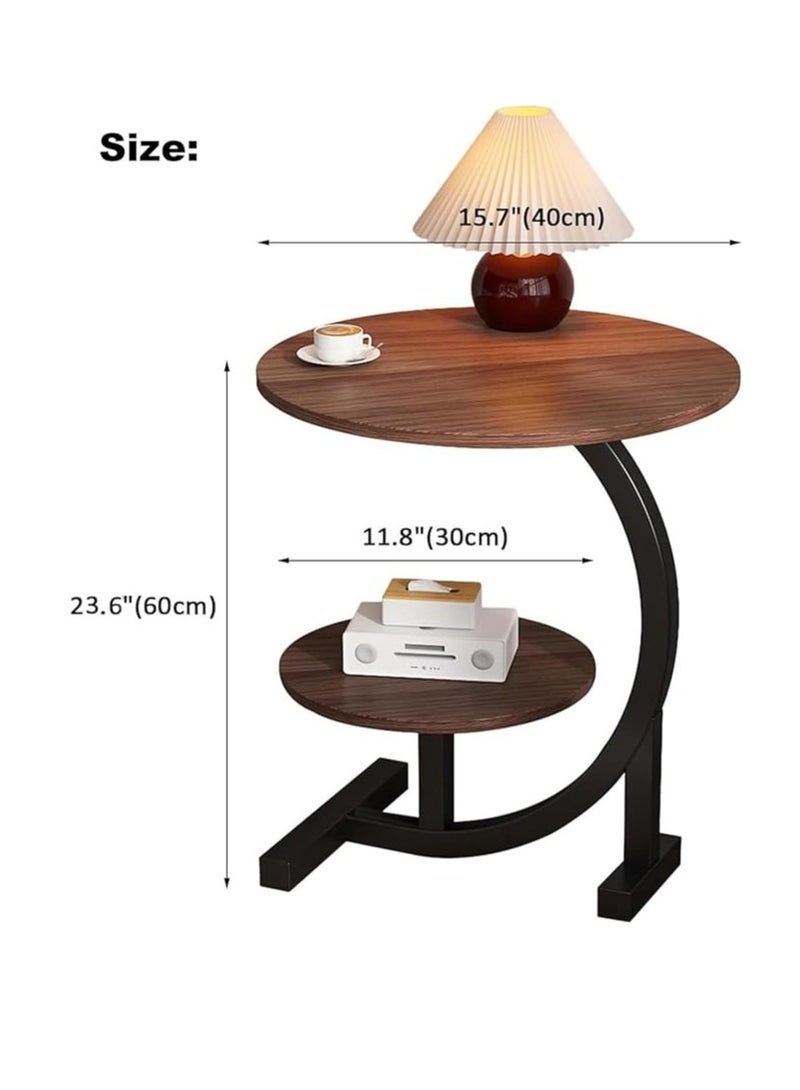 CAMELMALL Industrial Brown C Shaped Side Table 2 Tier Round End Table with Storage Shelf Metal Frame Slides Under Couch 60 cm Clearance Space Saving 40 cm Top Diameter 30 cm Bottom Diameter - Image 2