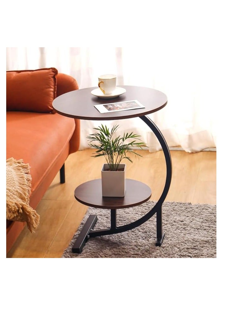 CAMELMALL Industrial Brown C Shaped Side Table 2 Tier Round End Table with Storage Shelf Metal Frame Slides Under Couch 60 cm Clearance Space Saving 40 cm Top Diameter 30 cm Bottom Diameter - Image 4