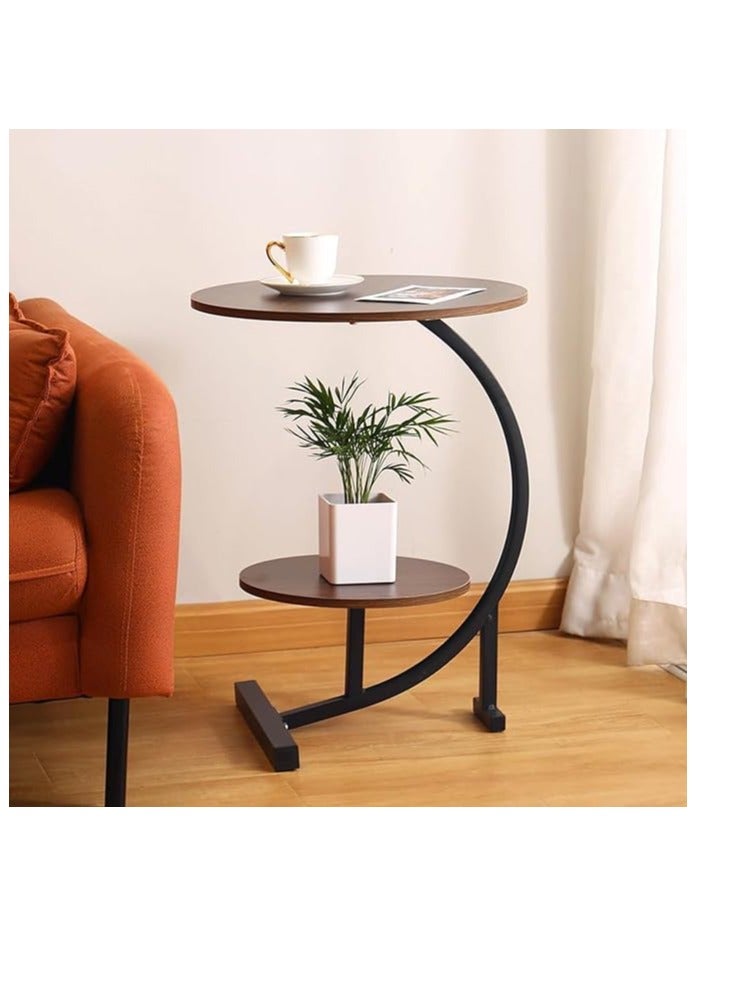 CAMELMALL Industrial Brown C Shaped Side Table 2 Tier Round End Table with Storage Shelf Metal Frame Slides Under Couch 60 cm Clearance Space Saving 40 cm Top Diameter 30 cm Bottom Diameter - Image 3