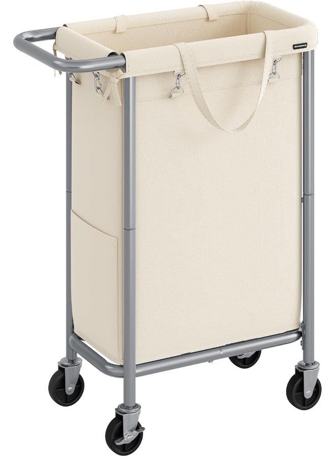 SONGMICS سلة غسيل SONGMICS بعجلات، سلة غسيل متحركة، 23.8 جالون (90 لتر)، بطانة قابلة للإزالة، إطار فولاذي مع مقبض، تخزين البطانيات، 24 × 11.4 × 31.9 بوصة، أبيض كريمي - Image 1