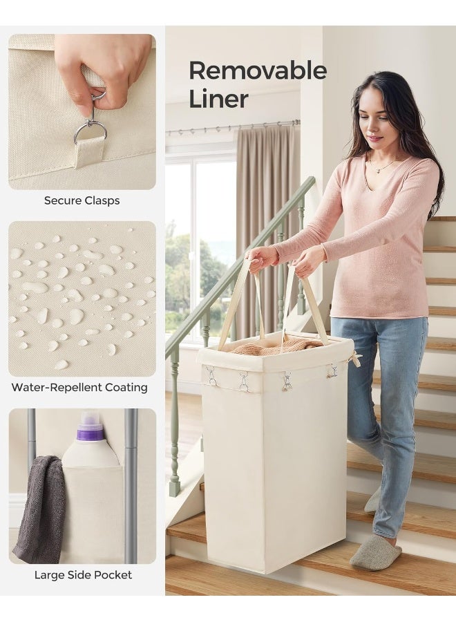 SONGMICS سلة غسيل SONGMICS بعجلات، سلة غسيل متحركة، 23.8 جالون (90 لتر)، بطانة قابلة للإزالة، إطار فولاذي مع مقبض، تخزين البطانيات، 24 × 11.4 × 31.9 بوصة، أبيض كريمي - Image 4